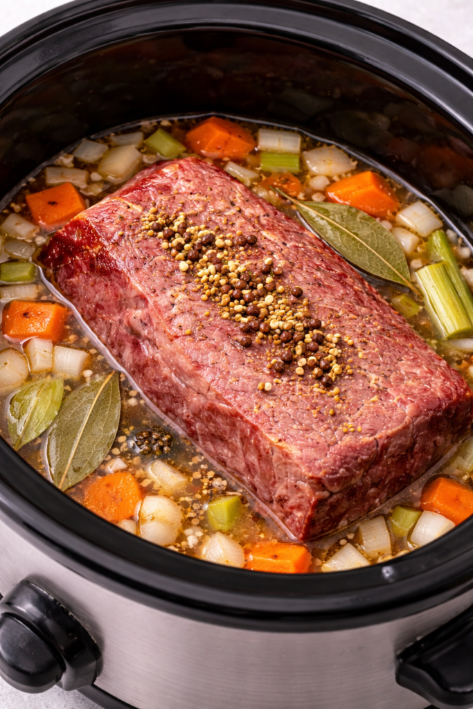 Corned beef brisket cooking in a slow cooker with carrots, celery, onions, bay leaves, and pickling spices in broth.