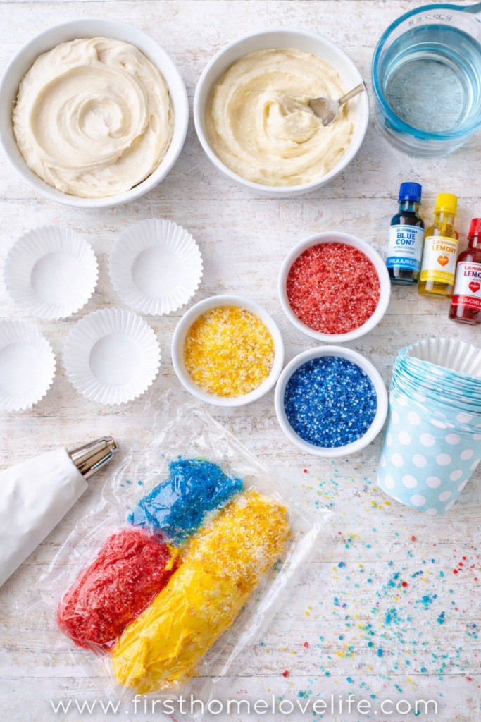 Flat lay of snow cone cupcake ingredients including cake mix, frosting, colored sugar, and cupcake liners