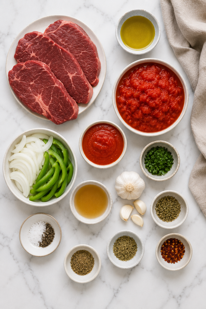 ingredients for steak pizzaiola including steak, tomatoes, peppers, onions, garlic, olive oil, and Italian herbs