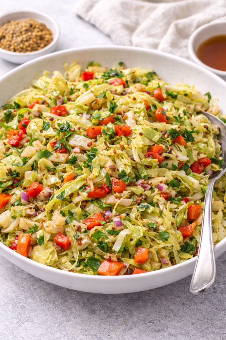 Warm mustard cabbage salad with red bell pepper, red onion, parsley, and whole-grain mustard dressing in a white serving bowl.