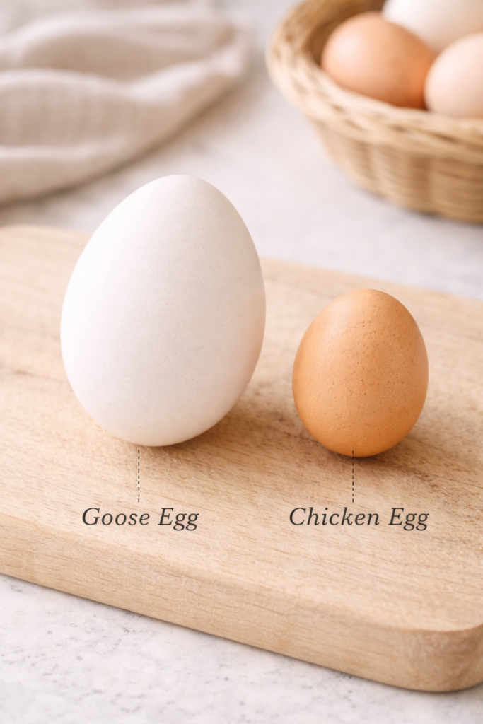 Side-by-side comparison of a large white goose egg and a smaller brown chicken egg on a wooden board.