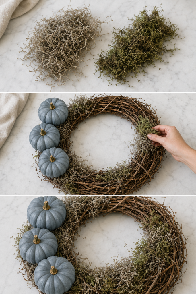 Three-step collage showing gray and green moss being added to a blue pumpkin grapevine wreath.