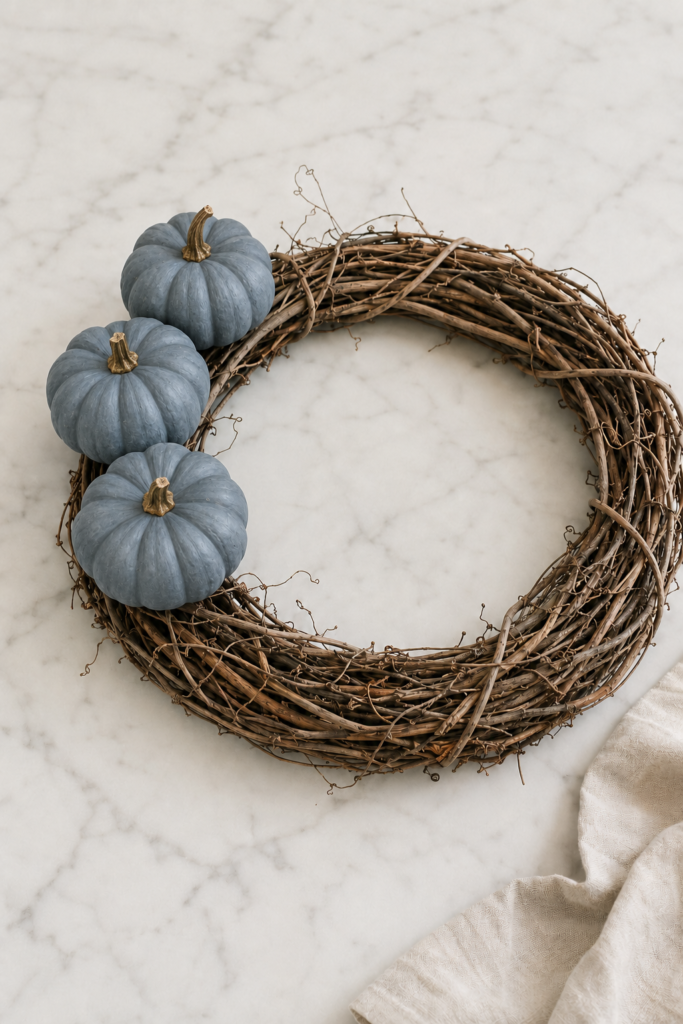 Three blue-gray pumpkins arranged on a grapevine wreath before adding moss.