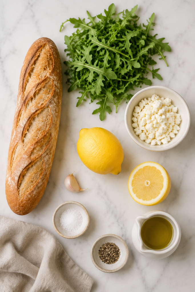 Flat lay of baguette, fresh arugula, feta cheese, lemon, garlic, olive oil, salt, and black pepper for arugula feta crostini.