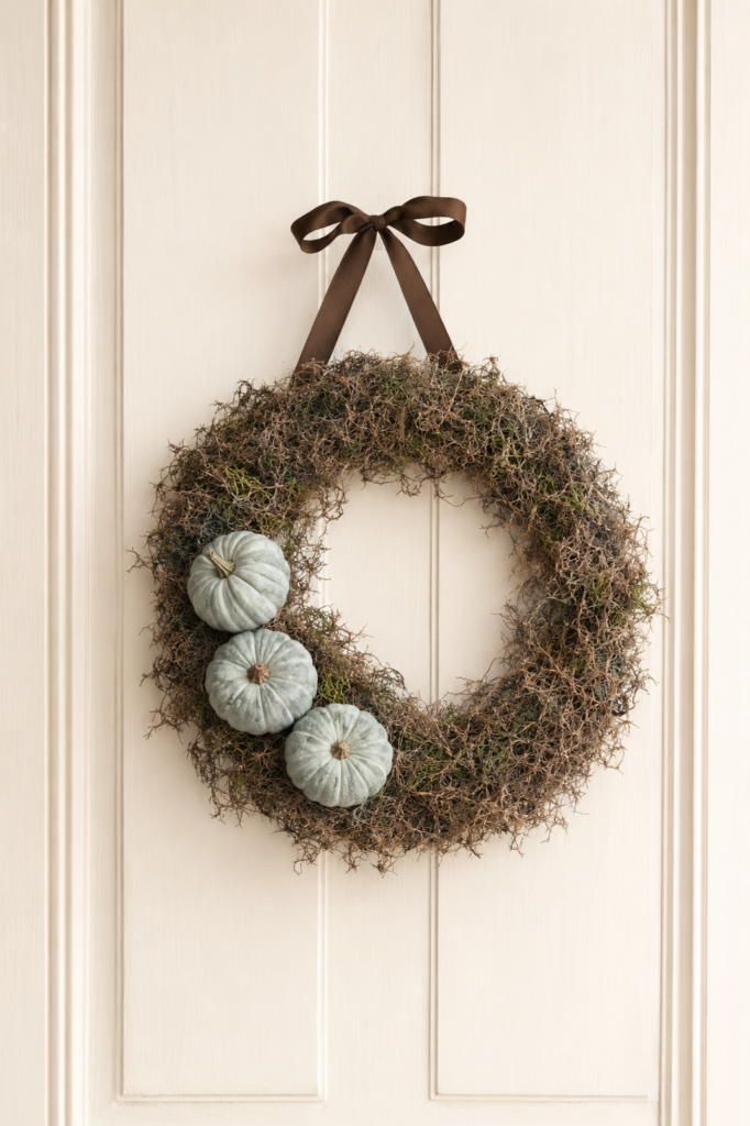 DIY blue pumpkin and moss fall wreath hanging on a creamy white paneled door.