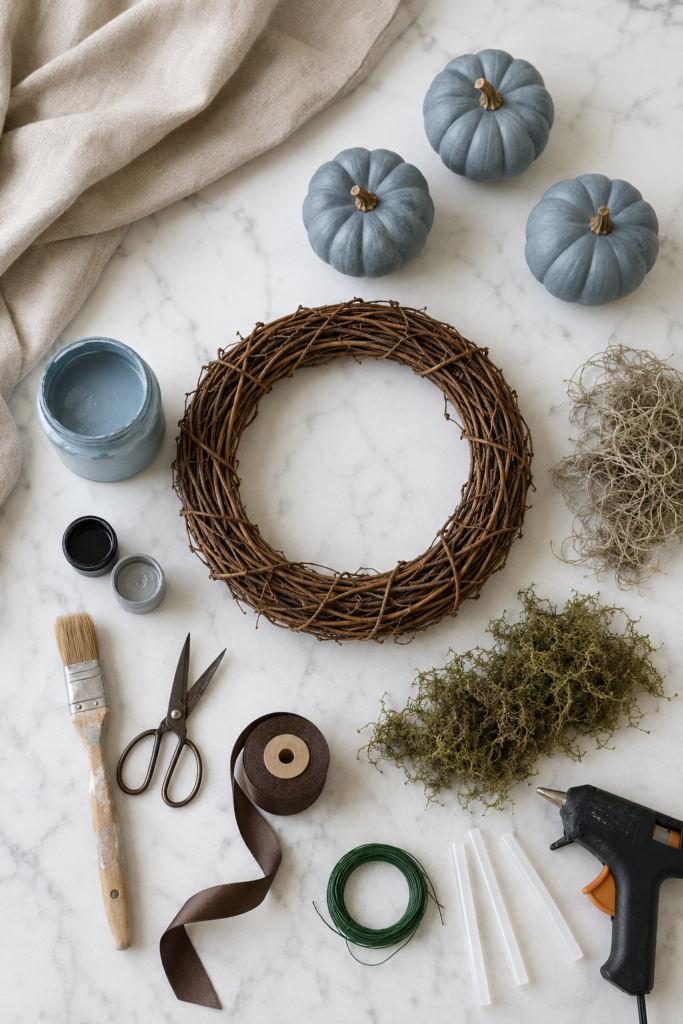 Supplies for making a DIY blue pumpkin and moss fall wreath arranged on a white marble counter.