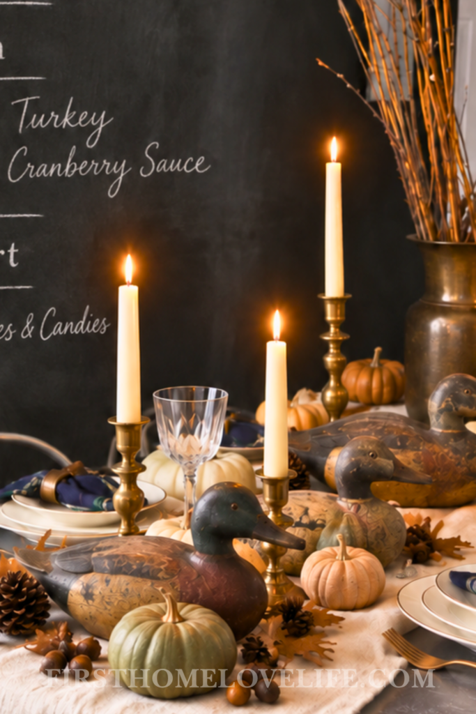 Close-up of an English hunter fall tablescape centerpiece with vintage duck decoys, heirloom pumpkins, brass taper candles, and a chalkboard fall menu.