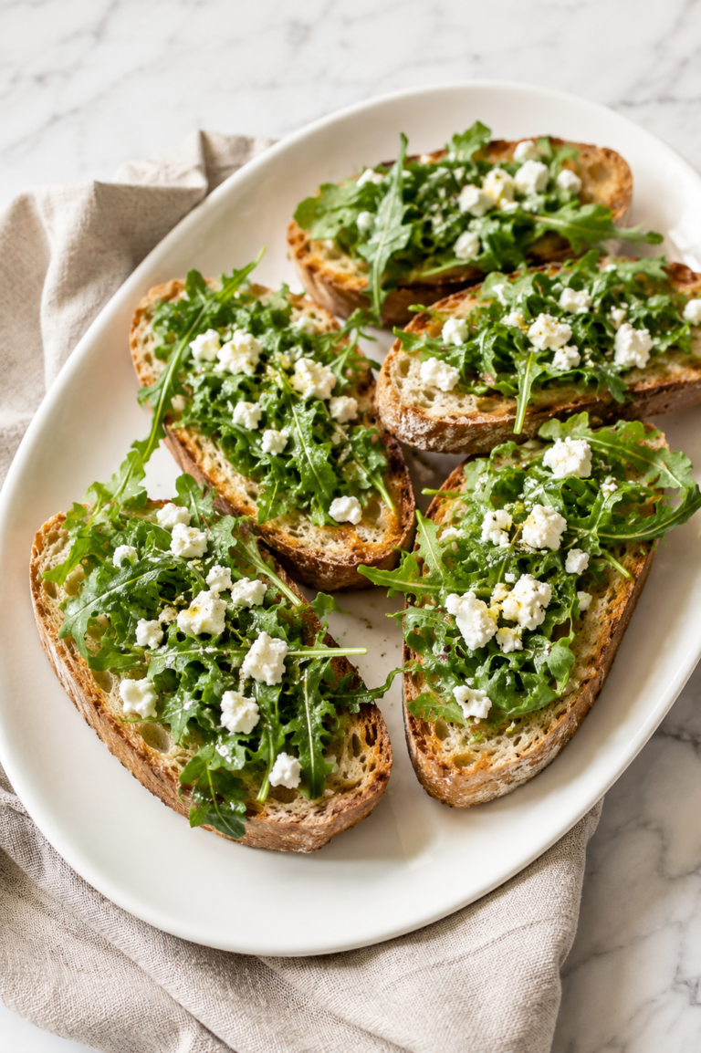 Easy arugula feta crostini topped with fresh lemon garlic arugula and crumbled feta cheese on a white platter.