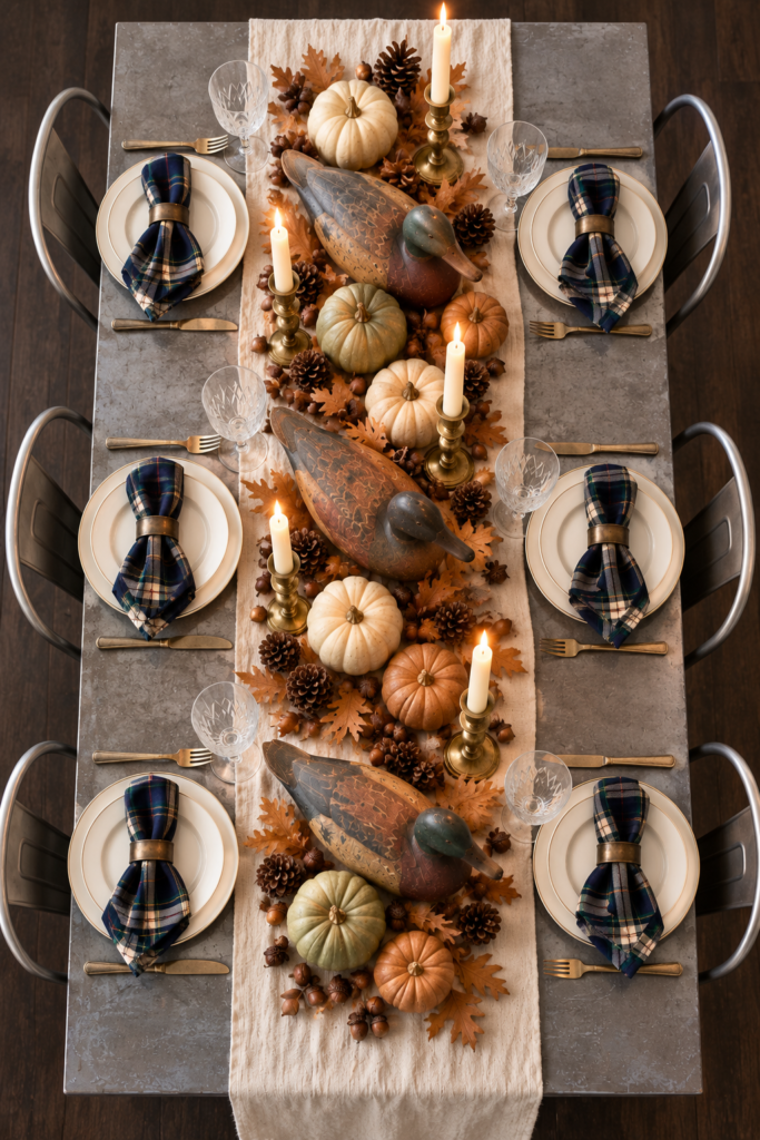 Bird’s-eye view of an English hunter fall tablescape with duck decoys, heirloom pumpkins, brass candles, tartan napkins, and white place settings.