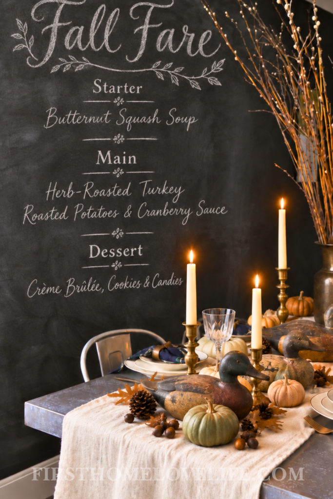 English hunter fall tablescape with duck decoys, heirloom pumpkins, brass candlesticks, and a handwritten fall menu on a chalkboard wall.