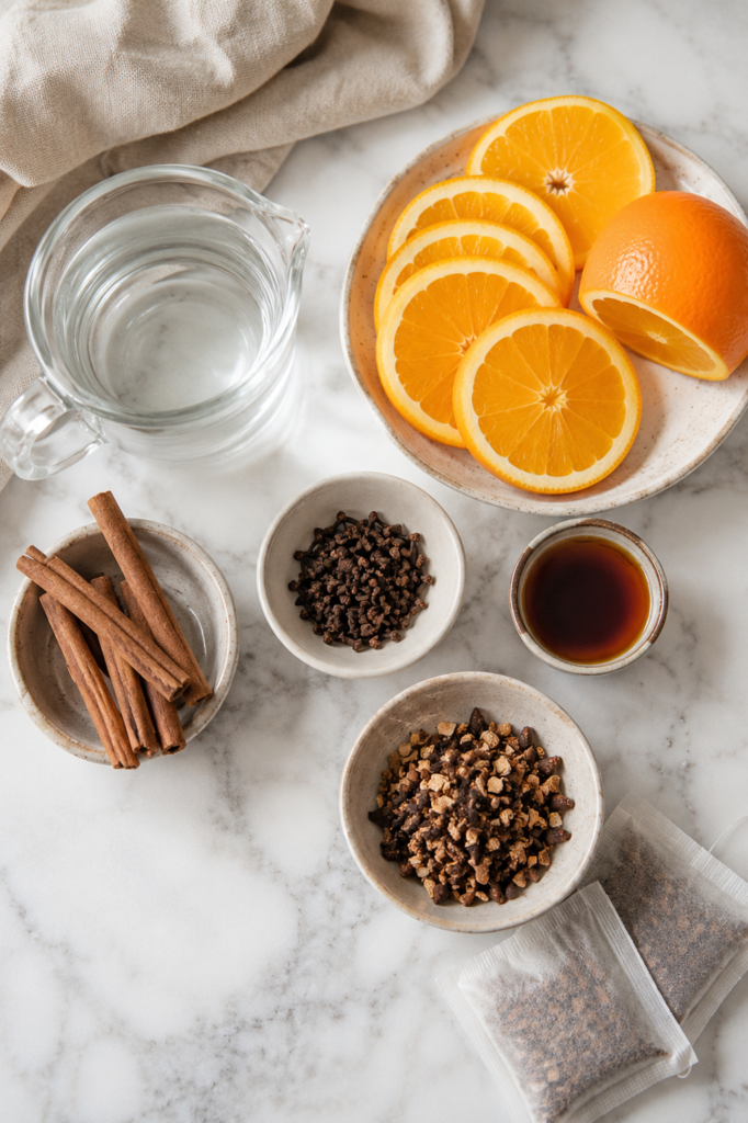 Flat lay of fall simmer pot ingredients including orange slices, cinnamon sticks, whole cloves, vanilla extract, mulling spices, and water on a white marble countertop with a neutral linen cloth.