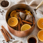 Overhead view of a small copper pot filled with ingredients for a fall simmer pot recipe, including orange slices, cinnamon sticks, whole cloves, vanilla, and mulling spices on a white marble countertop.