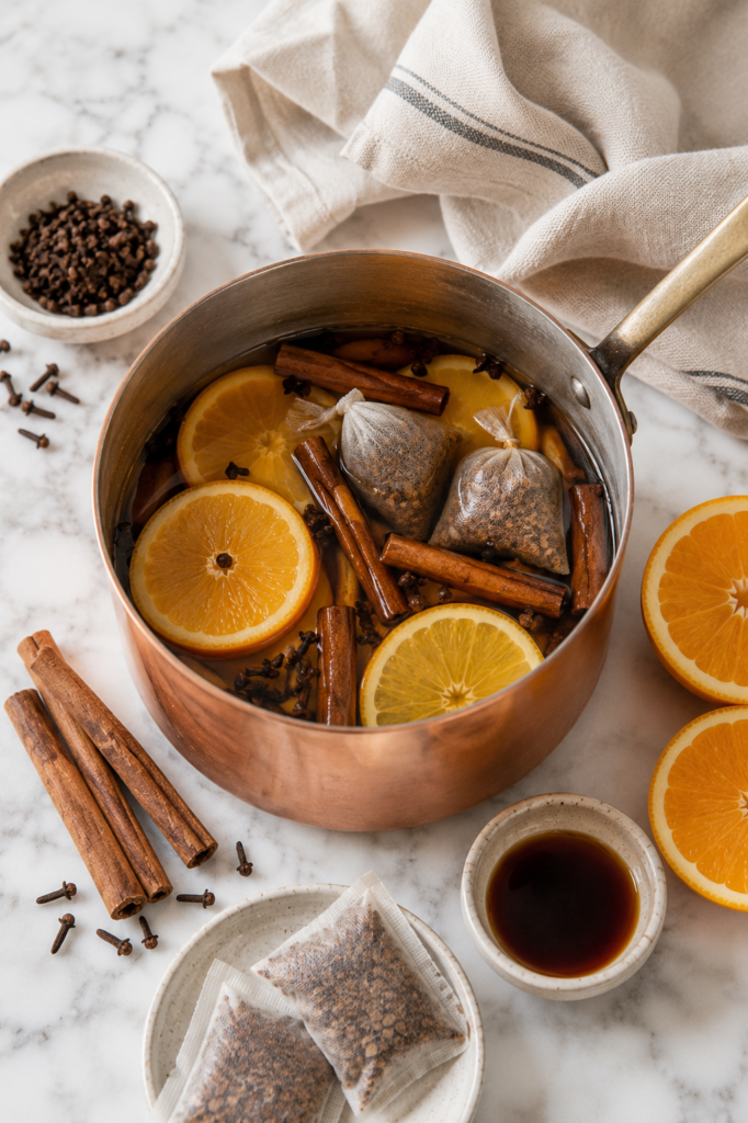 Overhead view of a small copper pot filled with ingredients for a fall simmer pot recipe, including orange slices, cinnamon sticks, whole cloves, vanilla, and mulling spices on a white marble countertop.