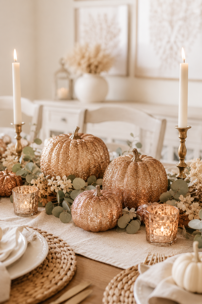 Copper glitter pumpkins arranged as a fall dining table centerpiece with candles, eucalyptus greenery, and neutral farmhouse decor.
