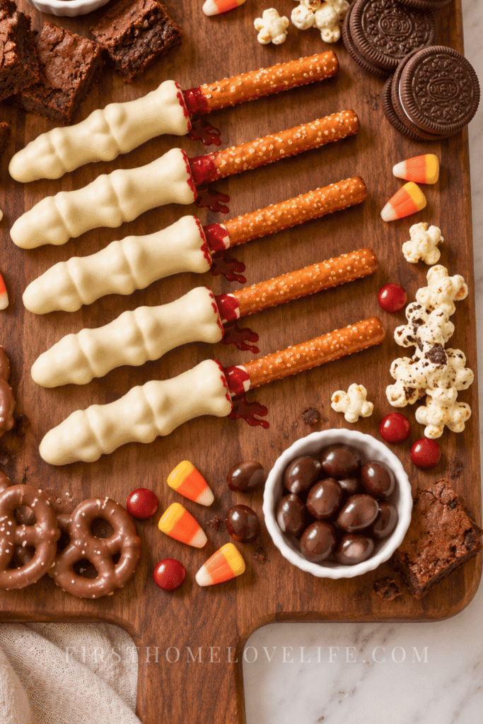 Chocolate skeleton fingers arranged with brownies, cookies, popcorn, pretzels, and candy on a Halloween dessert board