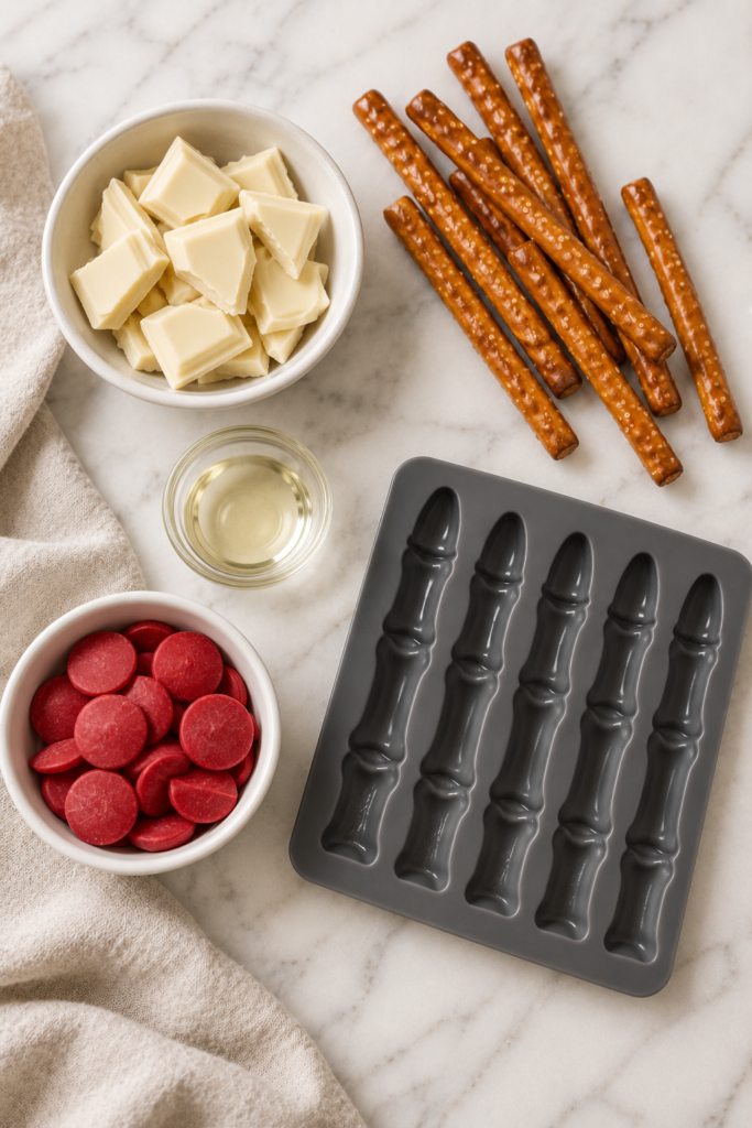 White chocolate, pretzel rods, vegetable oil, red candy melts, and a skeleton finger mold on a marble counter