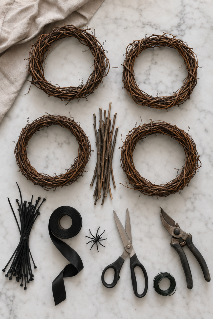 Four grapevine wreaths, small twigs, black ribbon, zip ties, floral wire, scissors, pruning shears, and a plastic spider arranged on marble.