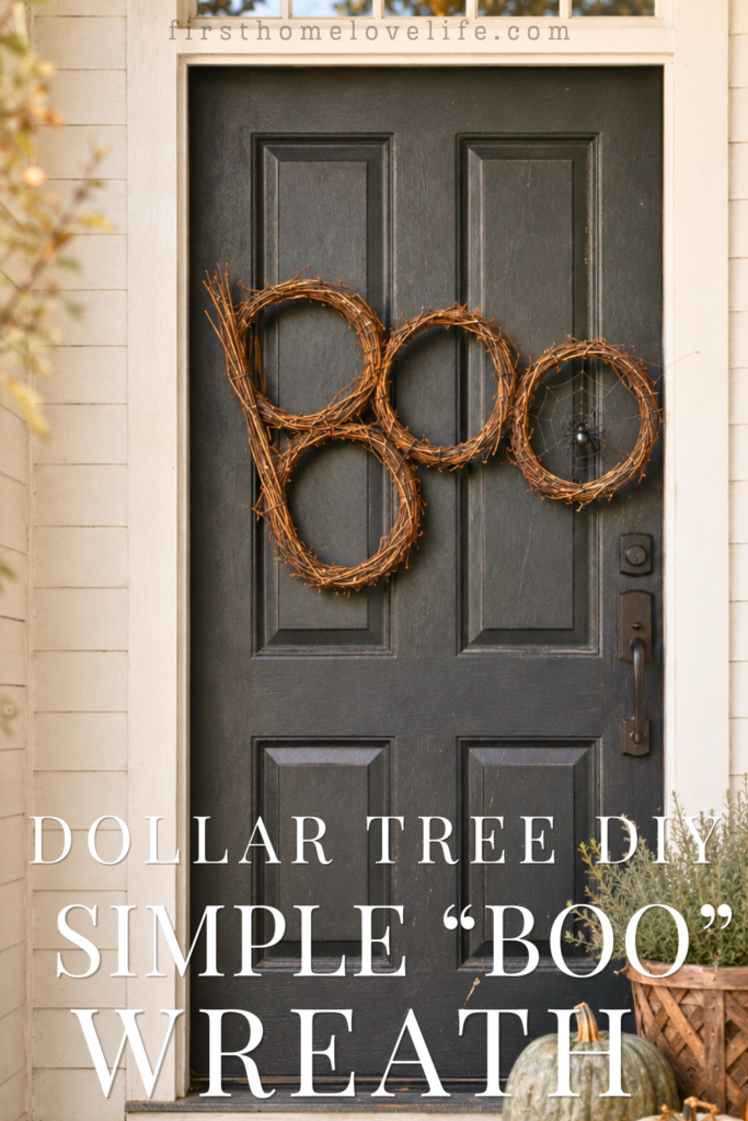 Rustic grapevine BOO wreath hanging on a black front door with the words Dollar Tree DIY Simple BOO Wreath.