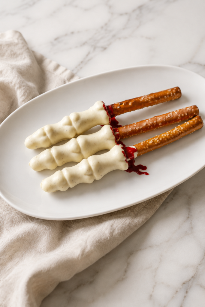 White chocolate skeleton fingers with pretzel rod centers and red candy coating on a white platter