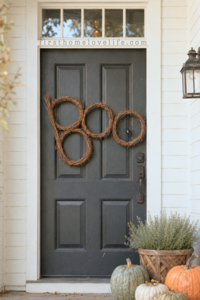 Handmade Dollar Tree BOO wreath made from small grapevine wreaths hanging on a black front door with pumpkins.