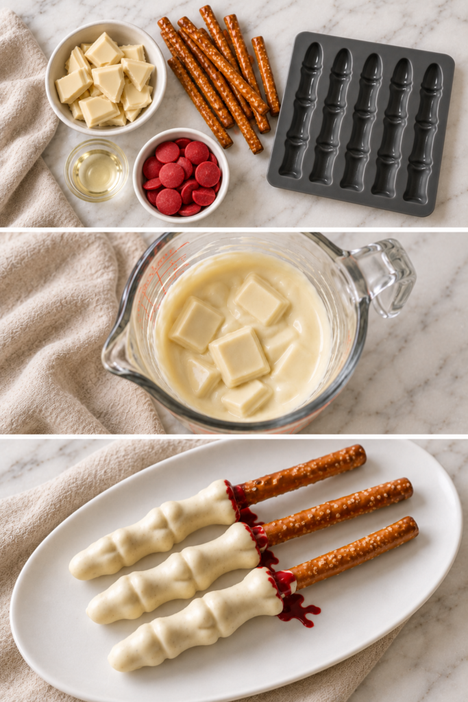 Chocolate skeleton fingers recipe collage showing the ingredients, melted white chocolate, and finished Halloween treats