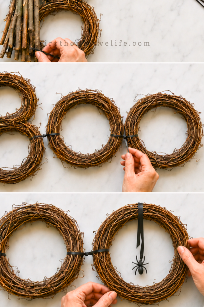 Four-step collage showing grapevine wreaths arranged into BOO, twigs attached to form the B, wreaths connected with zip ties, and a spider hung with black ribbon.