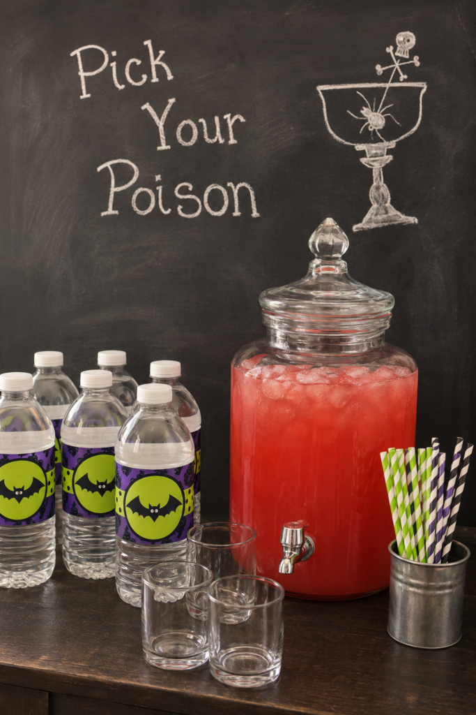Pick Your Poison Halloween drink station with red party punch, bottled water and purple, green and black striped straws