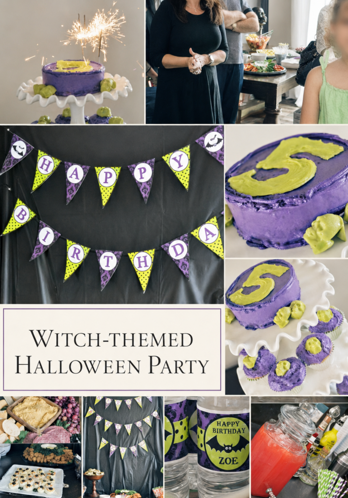 Purple and green witch-themed Halloween birthday party with cake, cupcakes, decorations, party food and a potion drink station