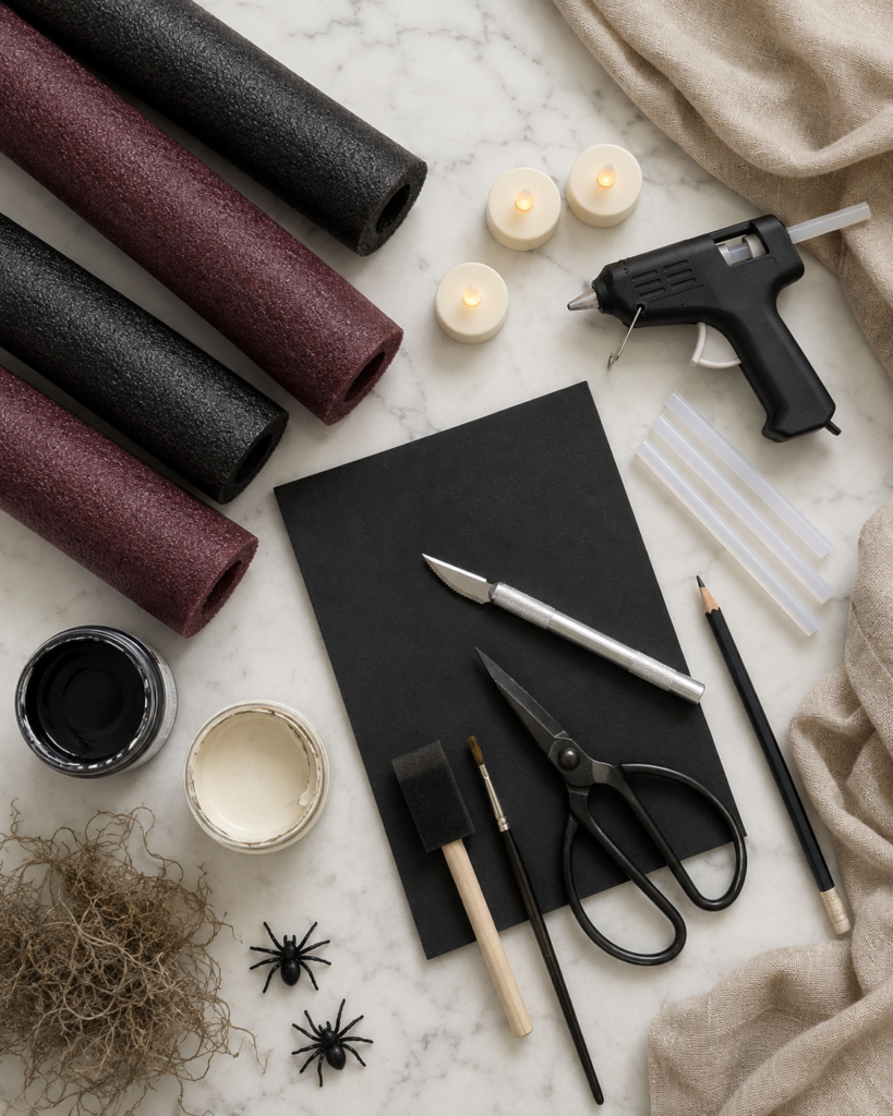 Flat lay of pool noodles, LED tea lights, hot glue, paint, and craft supplies for making DIY Halloween candles.