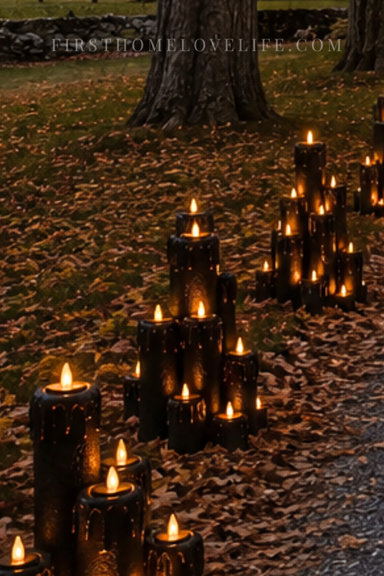 Glowing black pool noodle Halloween candles lining both sides of a long tree-lined driveway in fall.