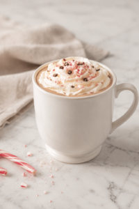 Homemade peppermint white chocolate mocha topped with whipped cream, crushed candy cane and chocolate curls in a white mug