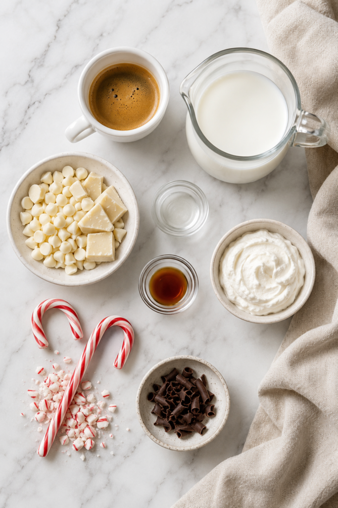 Flat lay of peppermint white chocolate mocha ingredients including espresso, milk, white chocolate, whipped cream and crushed candy canes