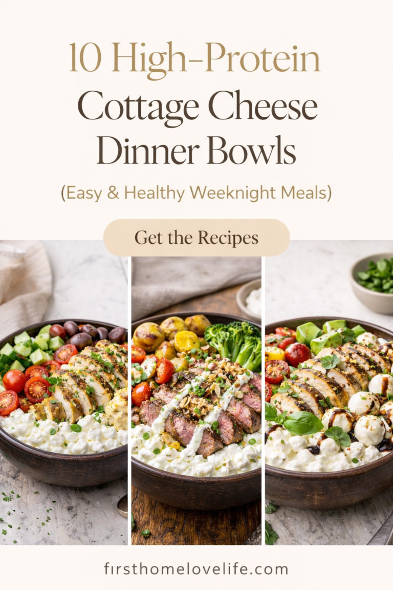 Pinterest graphic for 10 high-protein cottage cheese dinner bowls featuring Mediterranean, steakhouse, and Caprese bowl ideas.