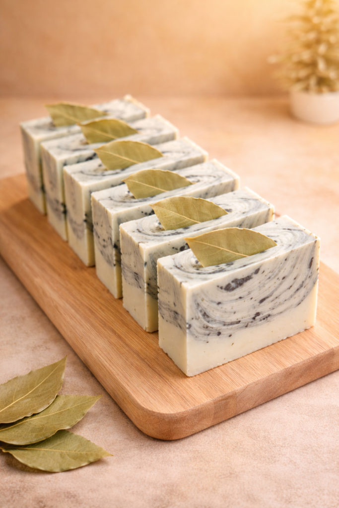 Handmade bay leaf swirl soap bars with black speckles displayed on wooden board in warm clean aesthetic setting