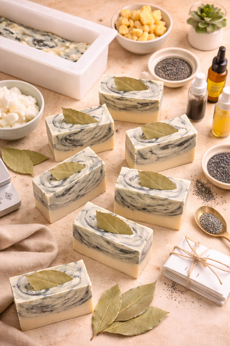 Flat lay of handmade bay leaf swirl soap bars scattered with soap mold in background