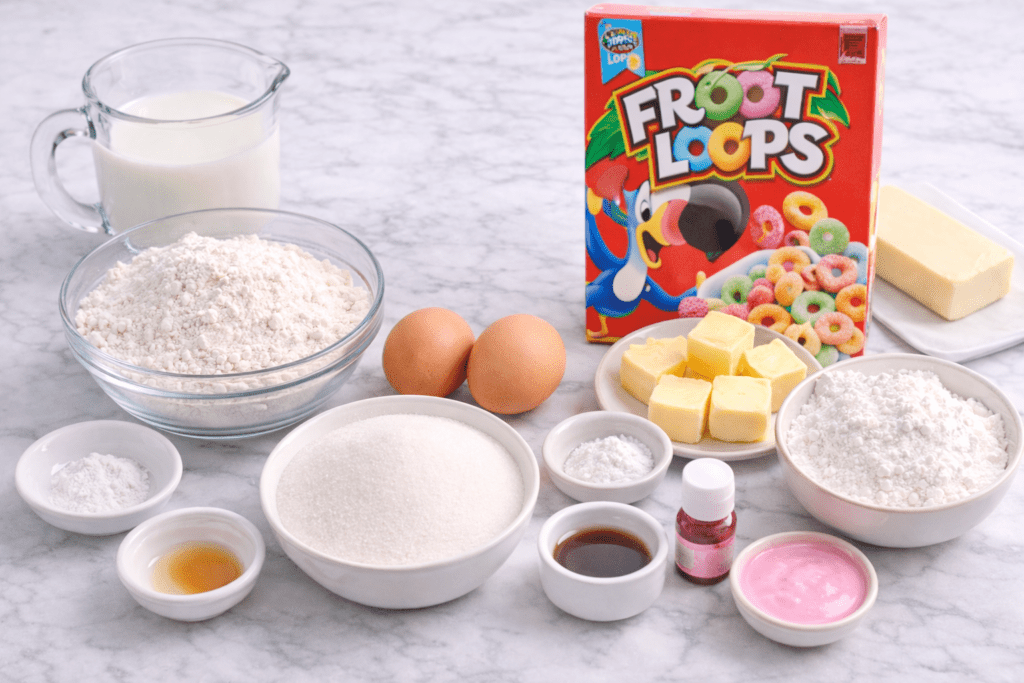 Ingredients for cereal milk cupcakes including flour, sugar, eggs, butter, milk, and a box of fruit-flavored cereal on a marble countertop