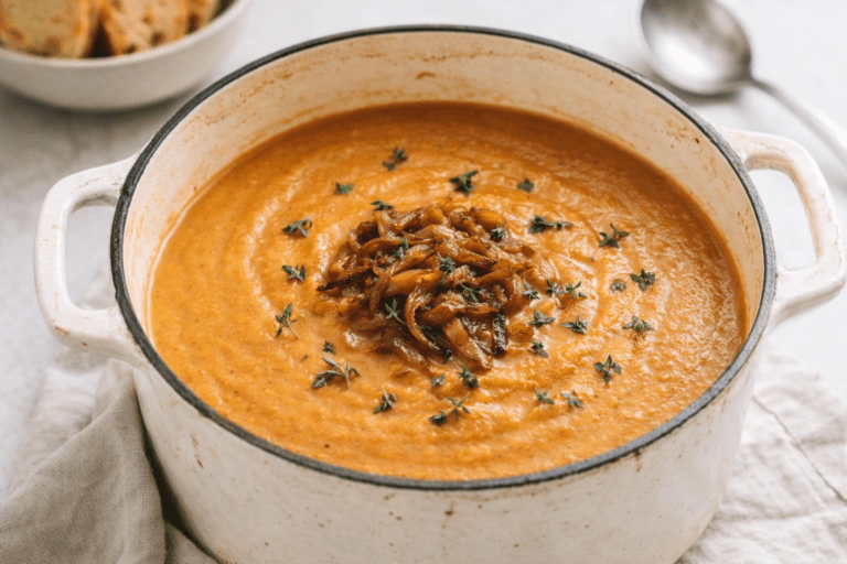Creamy sweet potato soup in an off-white enameled cast iron Dutch oven topped with caramelized onions and fresh thyme