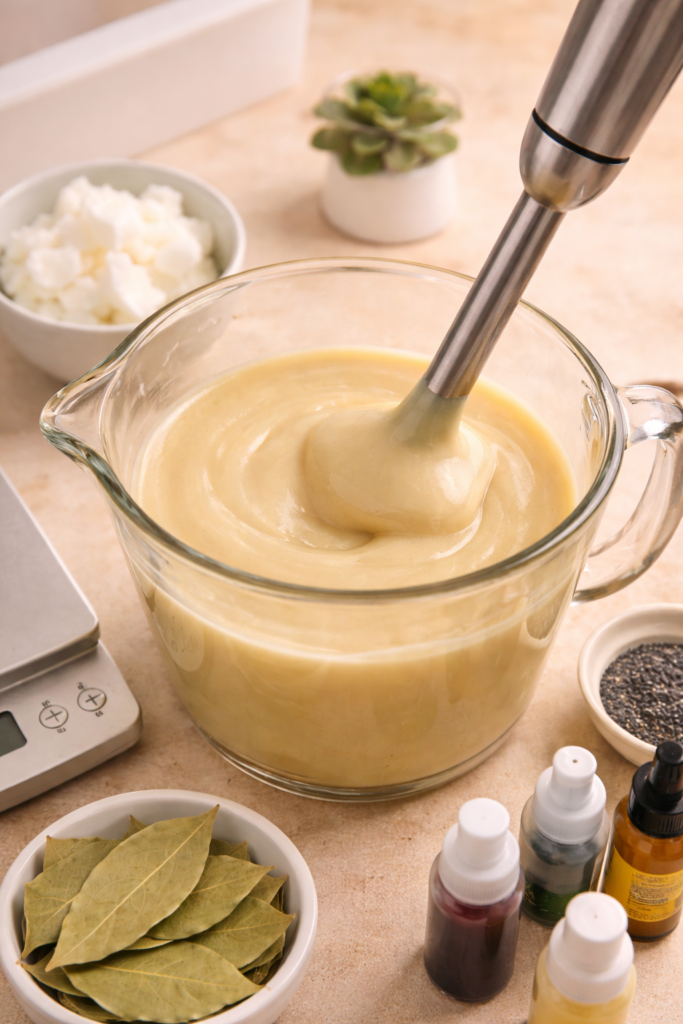 Cold process soap mixture reaching trace in glass measuring cup with immersion blender