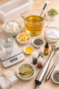 Flat lay of cold process soap making supplies including oils, lye, digital scale, stick blender, essential oils, and silicone mold