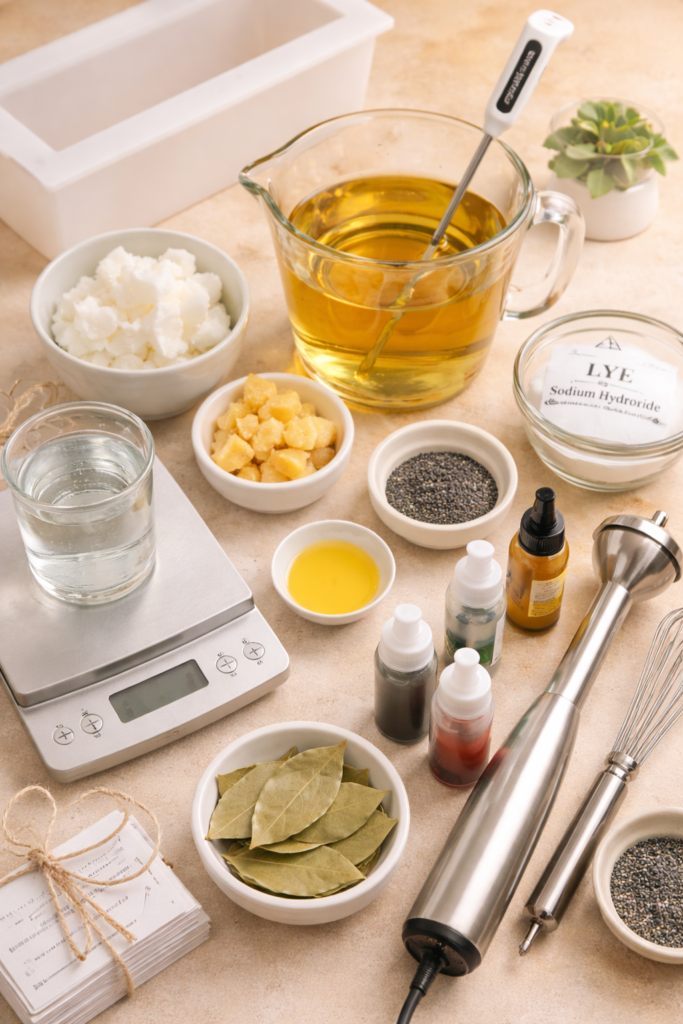 Flat lay of cold process soap making supplies including oils, lye, digital scale, stick blender, essential oils, and silicone mold