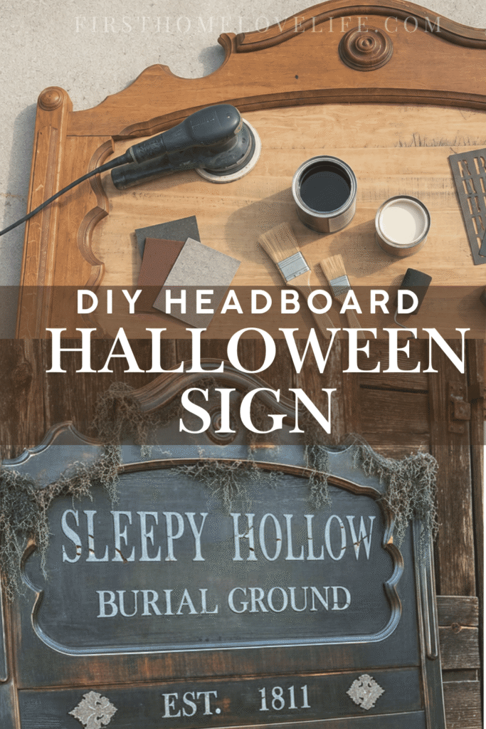 DIY headboard Halloween sign showing supplies and a finished Sleepy Hollow Burial Ground cemetery sign