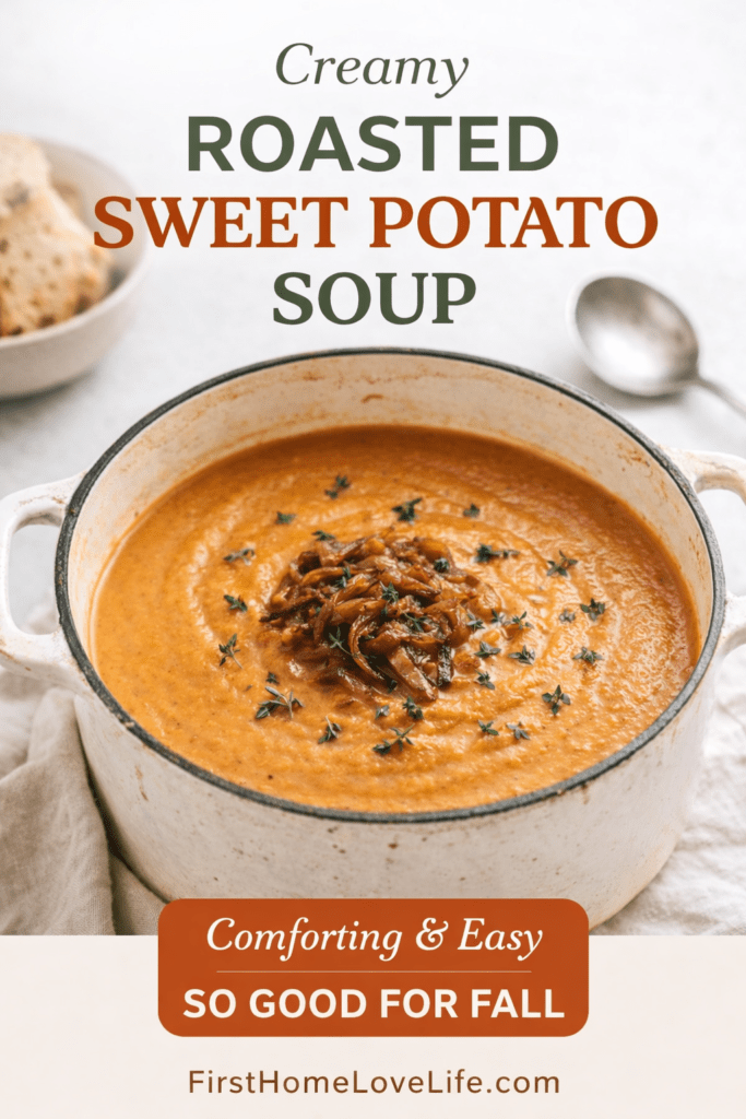 Pinterest graphic for creamy roasted sweet potato soup served in an off-white enamel Dutch oven topped with caramelized onions and thyme