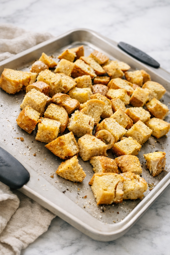 homemade garlic croutons baking on sheet pan on marble countertop