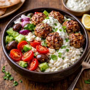 Greek meatball cottage cheese bowl topped with tzatziki, cherry tomatoes, cucumber, olives, feta cheese, and fresh parsley in a rustic bowl.