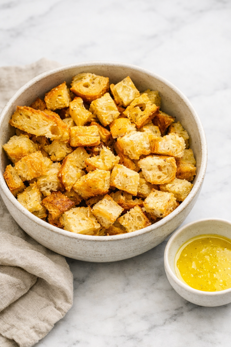 bowl of homemade garlic croutons on marble counter with neutral linen cloth