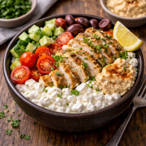 Mediterranean chicken cottage cheese bowl topped with grilled chicken, cherry tomatoes, cucumber, Kalamata olives, feta, and lemon.