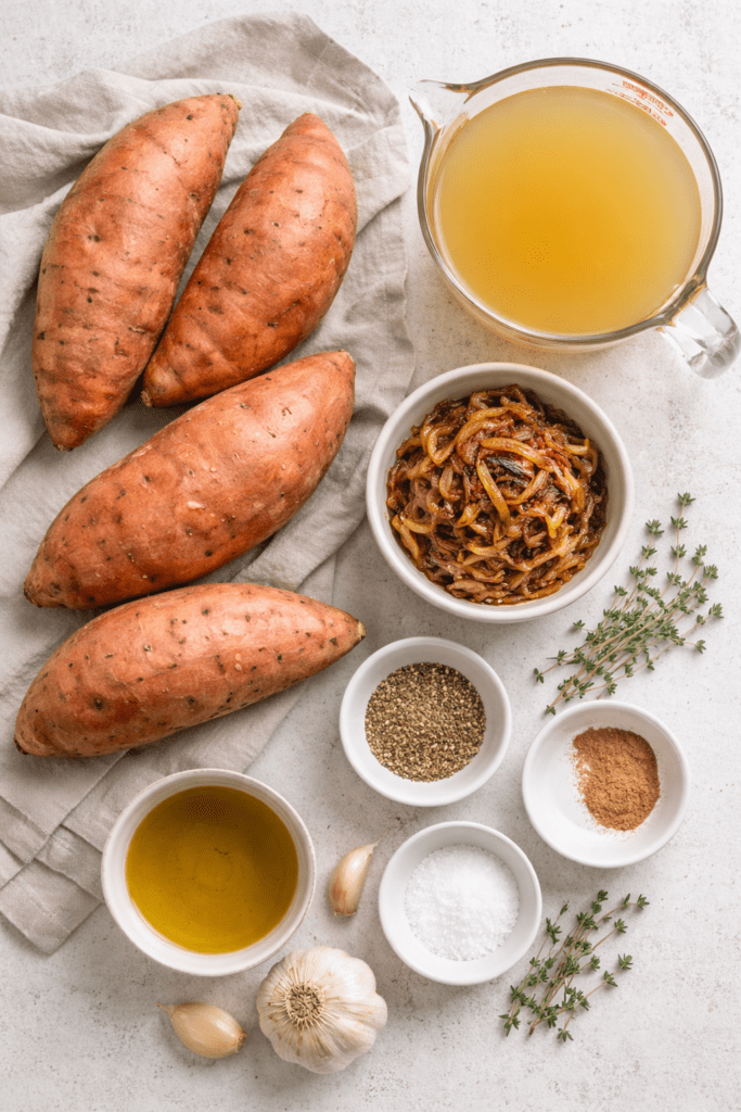 Flat lay of sweet potato soup ingredients including whole sweet potatoes, caramelized onions, chicken broth, garlic, olive oil, salt, pepper, nutmeg, and fresh thyme