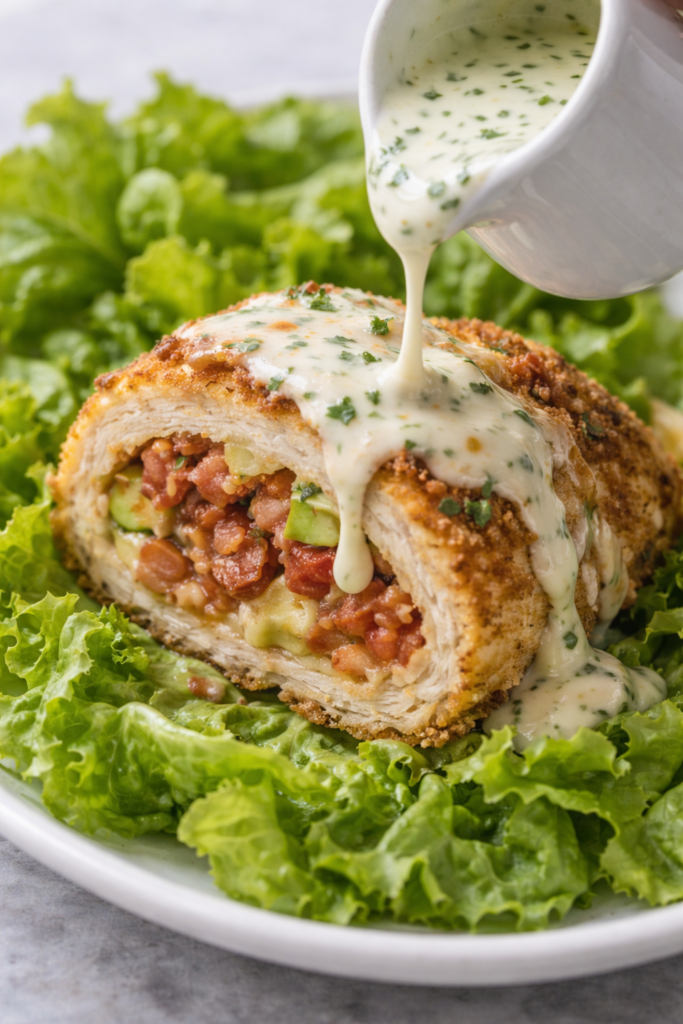 crispy chicken avocado club roll-up served over lettuce with creamy herb mayonnaise being drizzled on top