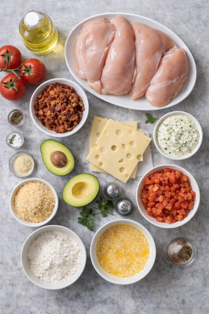 A clean flat lay of all ingredients needed to make crispy chicken avocado club roll-ups, including raw chicken, bacon, avocado, Swiss cheese, tomato, eggs, flour, breadcrumbs, and herb mayo.