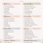 Spring cleaning checklist printable organized by bedrooms, bathrooms, laundry room, living room, dining room, garage, and household maintenance tasks.